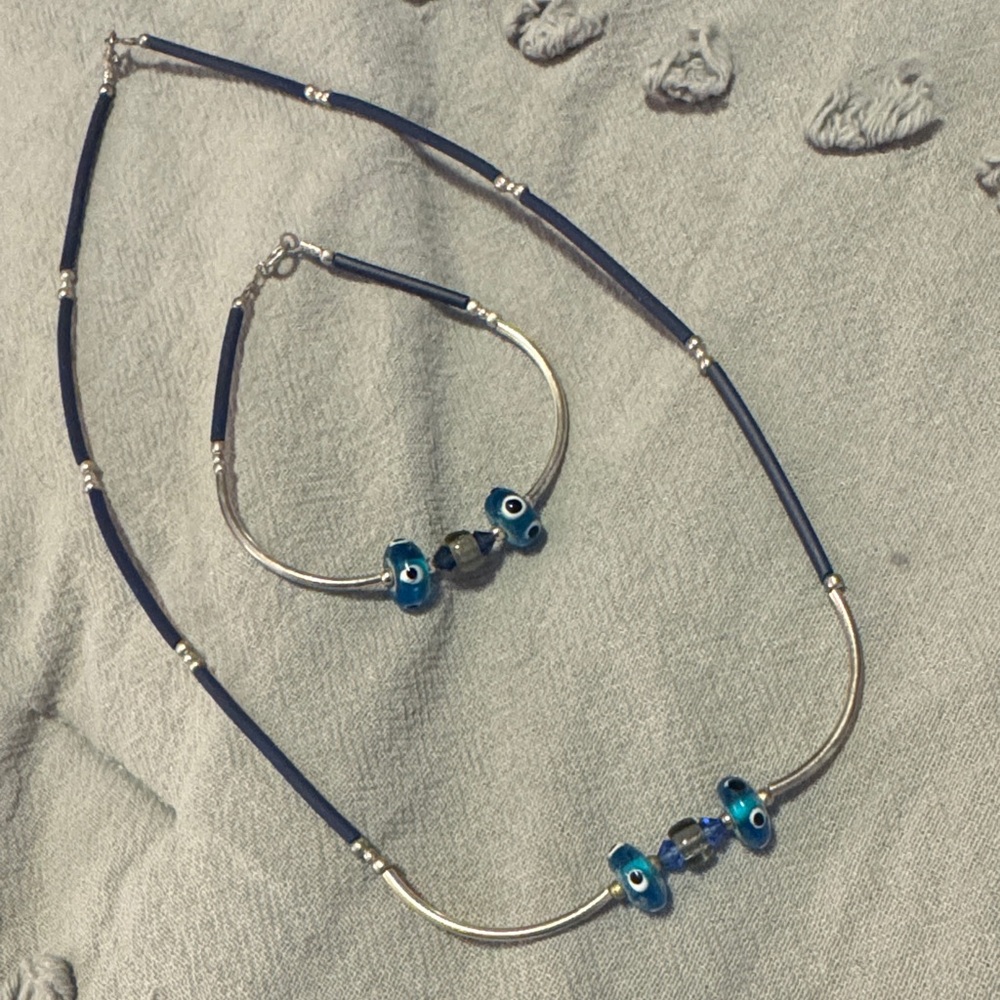 Blue Beaded Necklace and Bracelet Set with Glass Accent Beads